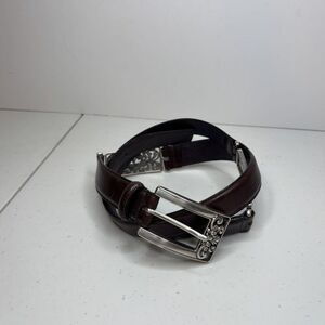 Fossil Genuine Leather Brown Buckle Belt Silver Embossed Adjustable Womens